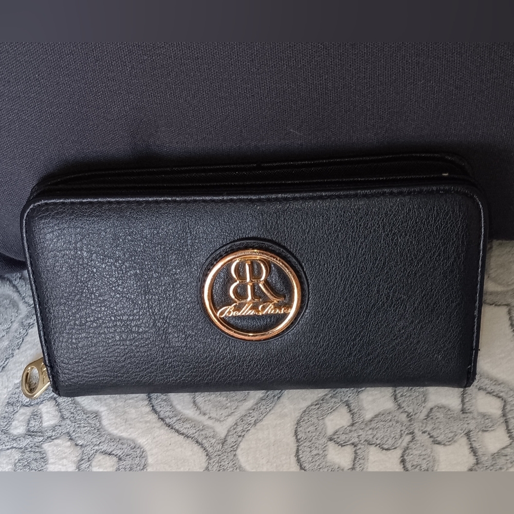 Black Textured Leather Wallet with Metallic Accent